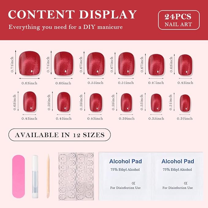 evpct Red Cat Eye Extra Short Press on Nails Square, Petite Short Square Stick on Nails for Women Gift, Real Red Metallic Glitter Glossy Reusable Soft Gel Press on Acrylic Fake Nail with Designs