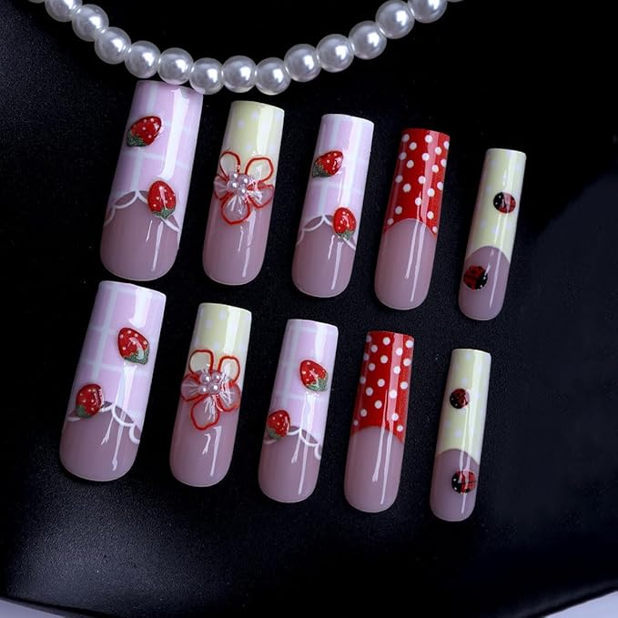 Square Press on Nails Long Pink Stick on Nail Tips with Embossed StrawberryNails Press ons CutePress on False Nails for Women 24pcs