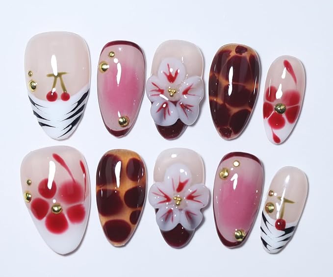 10Pcs Short Almond Handmade Press On Nails | Nude Pink & Red Ombre with Cherry, Tortoiseshell Print & 3D Floral Decor | Reusable Salon-Quality Fake Nails for Women and Girls (251213, XS)