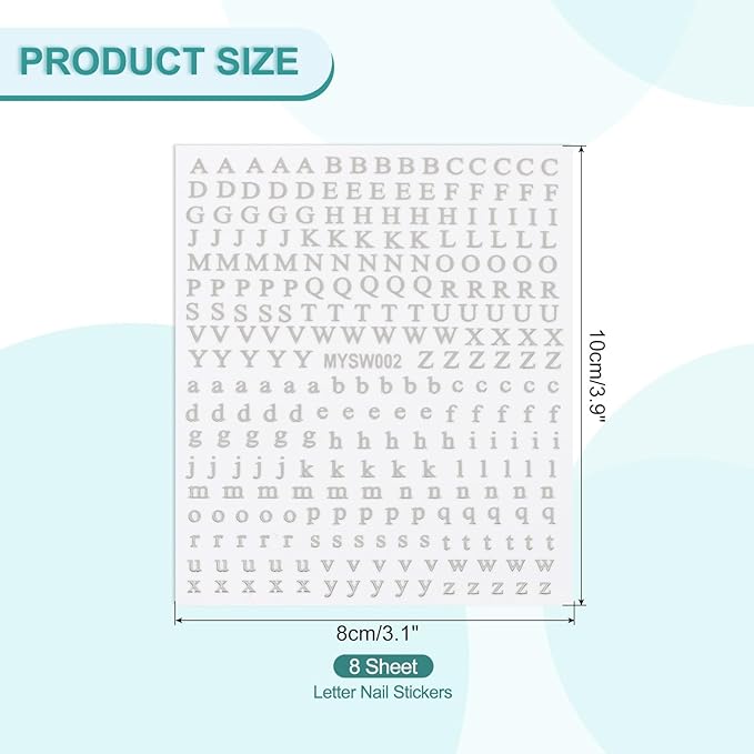 PATIKIL Letter Nail Stickers, 8 Sheet 3D Self-Adhesive English Letter Nail Decals Small Alphabet Art Sticker Metallic Fluorescence Design Manicure for Women DIY Decor, Silver