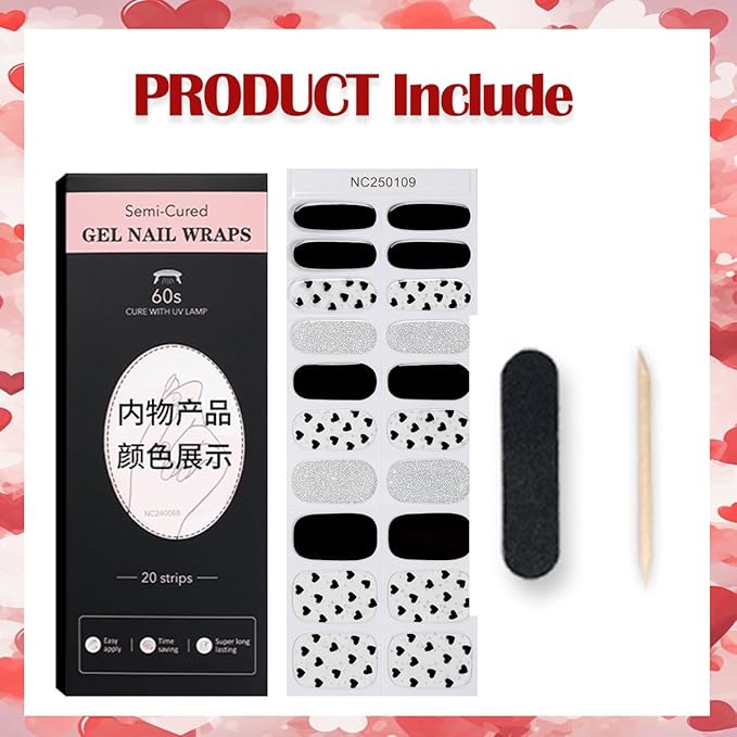 Valentine Day Semi Cured Gel Nail Strips 20Pcs Love Heart Gel Nail Stickers for Nail Art Black Heart with Silver Glitter Design Dark Black Full Wrap Gel Nail Strips Sticker UV Light for Manicure Salon