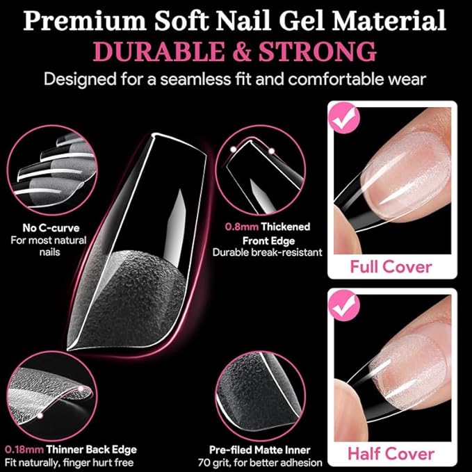 Medium Coffin Fake Nail Tips, 15 Sizes 240 PCS Clear Half Matte Press On False Nail Tips Pre-shaped Half Soft Cover Gel Nail Tips Extensions Thick Long Lasting for DIY Beginners & Salon Manicure
