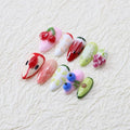 Handmade Press on Nails Medium Almond Nails Thick Fake Nails with Glue,Cute 3D Fruit Art False Nails with Designs Colourful Nails Reusable Nature Stick on Nail for Wome (Size S)