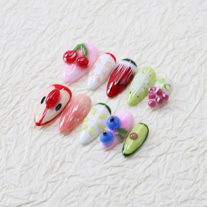 Handmade Press on Nails Medium Almond Nails Thick Fake Nails with Glue,Cute 3D Fruit Art False Nails with Designs Colourful Nails Reusable Nature Stick on Nail for Wome (Size S)