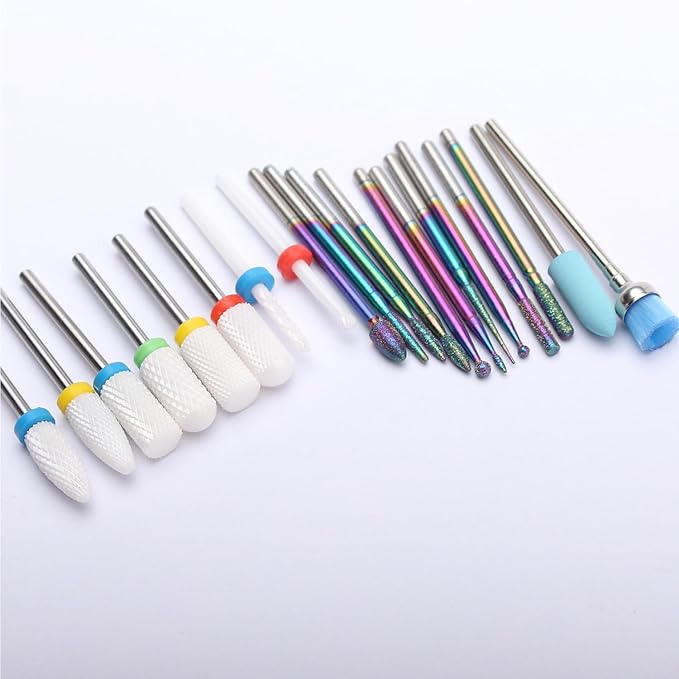 20pcs Nail Drill Bits Sets, 3/32 Inch Ceramic Diamond Cuticle Electric Nail Cutter Acrylic Gel Nail Bit Kit, Cuticle Remover Crystal Nail Extension Bits for Nails Home Salon
