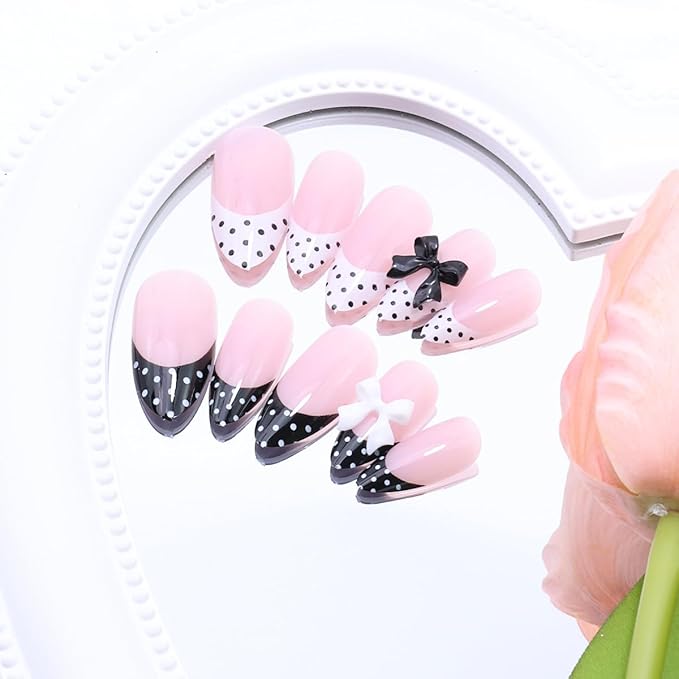 24Pcs French Tip Press on Nails Medium Almond Fake Nails with 3D Black White Bow Design Cute False Nails Polka Dot Nails Tip Glossy Glue on Nails Reusable Stick on Acrylic Nails for French Manicure
