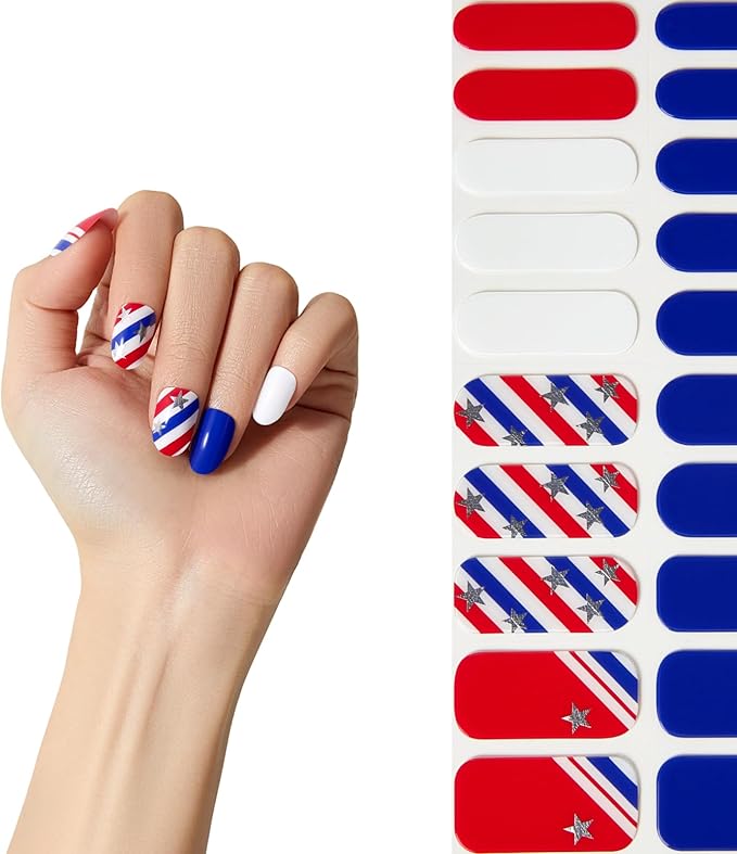 July 4 Semi Cured Gel Nail Strips - NAILOG 20 Pcs Nail Stickers Extra Long Wraps with Glossy Gel Finishing for Independence Day, Born to Star