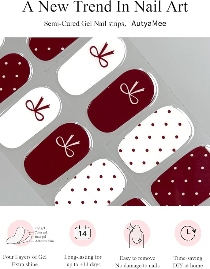 Semi Cured Gel Nail Strips (Polka Dot Bow), Valentine's Day, 20 Pcs Gel Nail Wraps, Stickers, Works with Any UV Lamps