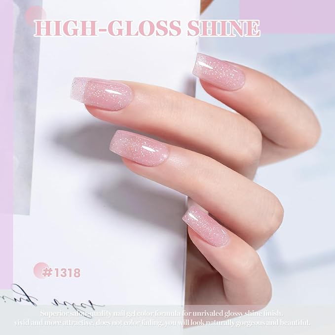 RARJSM Nude Baby Pink Rainbow Glitter Rubber Base Coat Gel Nail Polish Natural Skin Tone Iridescent Shimmer Brush on Extend Jelly Gelpolish Soak Off Curing Requires 15ml Salon Home French Manicure