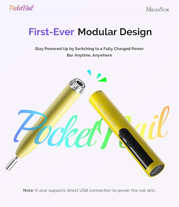 MelodySusie PocketNail Pen-Shaped Cordless Modular Nail Drill, Extended Kit, PC100GR 20000RPM Slim Portable Rechargeable Electric File for Nail Care & Gel Removal at Home for Beginners, Lemon Grass