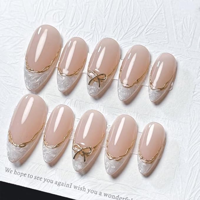 Press On Nails Almond Shape Hnadmade Fake Nails, Acrylic Nails Cute Bow French Reusable Artificial Almond False Nails for Women (Size M)