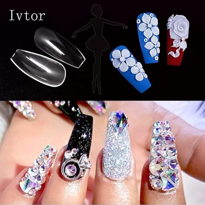Acrylic Nail,Coffin Nails Full Cover, Ivtor Clear Artificial Nails Tips Ballerina Nail Art DIY at Home For Women 600Pcs 10 Sizes