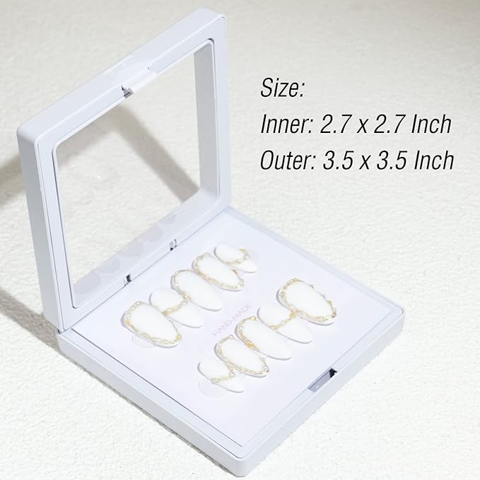 LIGHT RAIN Press on Nail Packaging Storage Box Case - 3.5 x 3.5 X 0.8 Inch 3D Floating Frame 24 pcs, Display Card 24 pcs, Pre-cut Double Sided Strong Tape 48 pcs, OPP bag 24 pcs