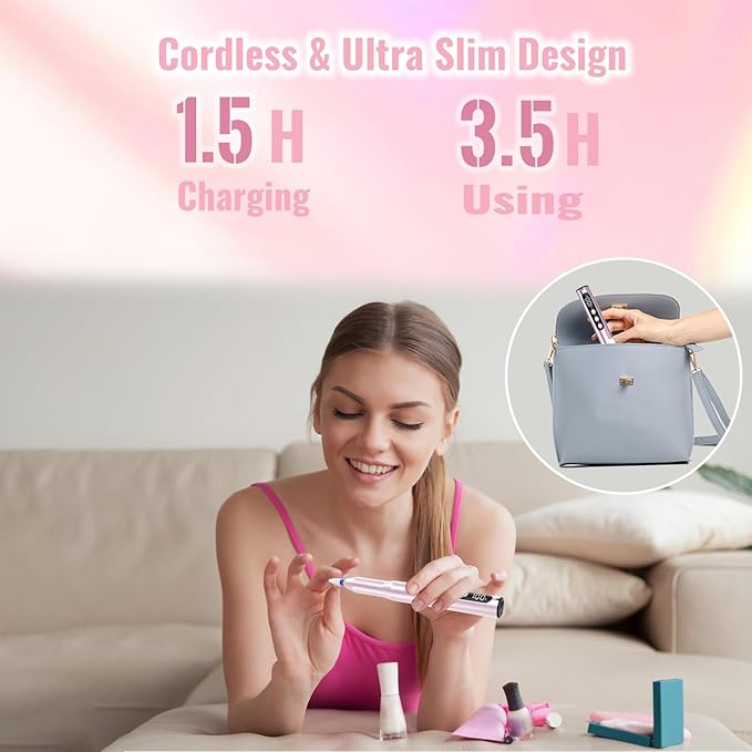 Electric Nail Drill Cordless, 35000RPM Portable Electric Nail File with LCD Display and 12 Nail Drill Bits for Acrylic & Gel Nails, Professional Manicure & Pedicure Kit Set Pink