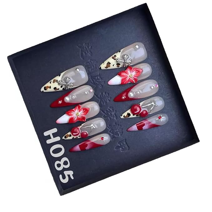 Handmade Press on Nails Long Stiletto Fake Nails Leopard French tips False Nails with Cheery Flower Design Red Heart Pearl Charms Handmade Nail Reusable for Women Girls Daily Wear Manicure Size L