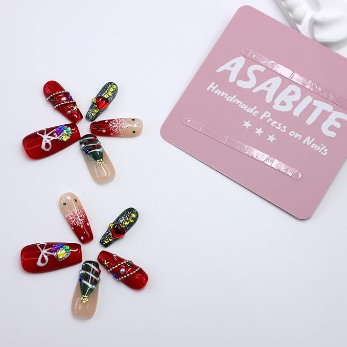 10Pcs Christmas Coffin Press on Nails Handmade Fake Nails with 3D Love Rhinestone Pearl Design Red Green Christmas False Nails Handmade Acrylic Nails Press ons Christmas Tree Nail for Women (S)