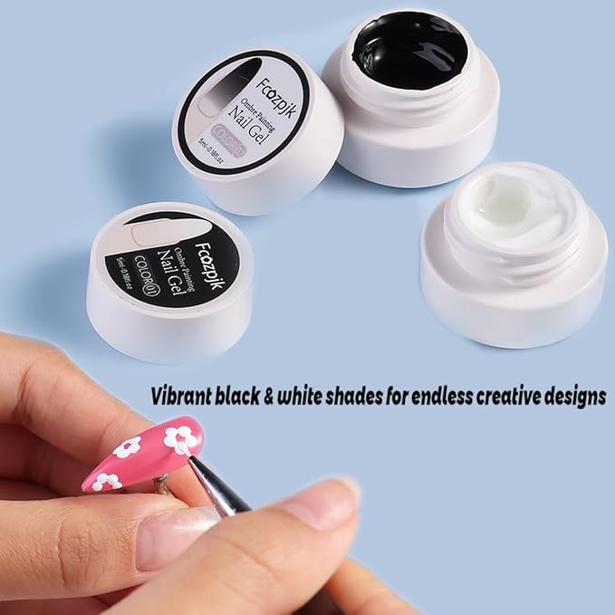 Gel Paint for Nails Art, 2PCS Black and White Gel Nail Polish No Wipe for French Tips Flowers Drawing Ombre Design UV/LED Curing Needed with Brush Pen & Sponges Home Manicure Salon Supplies