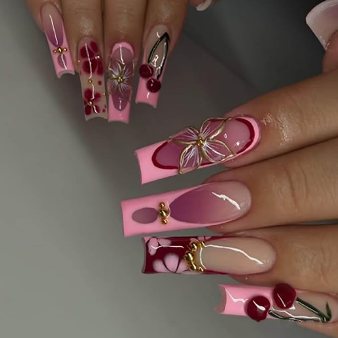 24Pcs Long Square Press on Nails - Pink French Tip with Handmade Cherry & Floral Designs, Full Cover Acrylic Fake Nails for Women, DIY Manicure