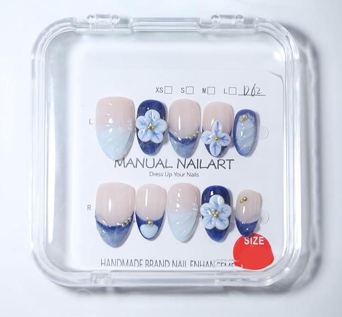 10Pcs Short Almond Handmade Press On Nails | Nude Pink & Blue Ombre 3D Floral Wave Texture Gold Bead Decor | Easy to Apply Remove Reusable Salon-Quality Nail Art for Women (251210, M)