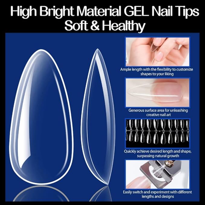 UNA GELLA Almond Fake Gel Nail Tips, 216pcs Medium Almond Pre Shaped Nails Tips for Long-Lasting Acrylic Nails, Perfect for DIY At Home French Style Nail Salon 12 Sizes