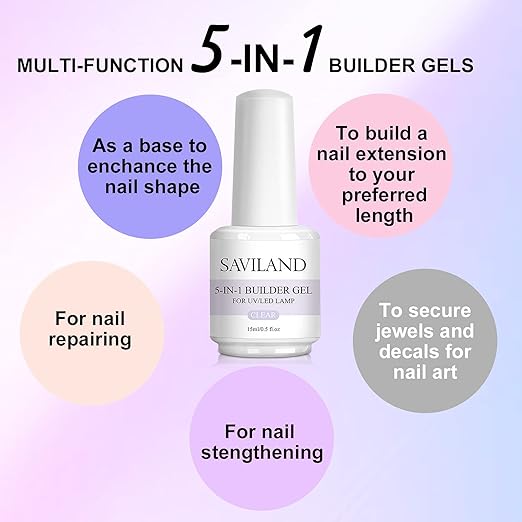SAVILAND 5 in 1 Clear Builder Nail Gel - 15ml Quick Building Nail Strengthener Gel Castor Oil Vitamin E Builder Nail Gel in a Bottle for Damage Nail Repair Nail Extension Nail Decoration Professionals