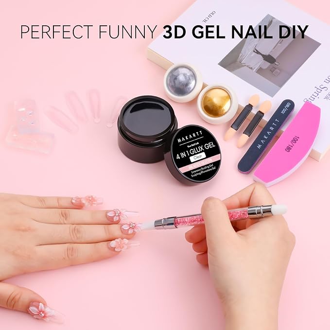 Makartt 3D Sculpting Gel Kit: 30g Clear 3D Nail Art Gel Non-Sticky Carving Molding Extension Builder Painting Solid Glues for DIY Manicure, Molding Hard Gels with Gold & Silver Chrome Powder