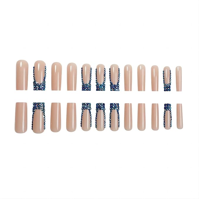 24Pcs Press on Nails Long Square Blue French Tip Fake Nails Rhinestones Full Cover Nails Press ons Glue on Nails with Designs Acrylic Nails Glossy Artificial Nails for Women Manicure