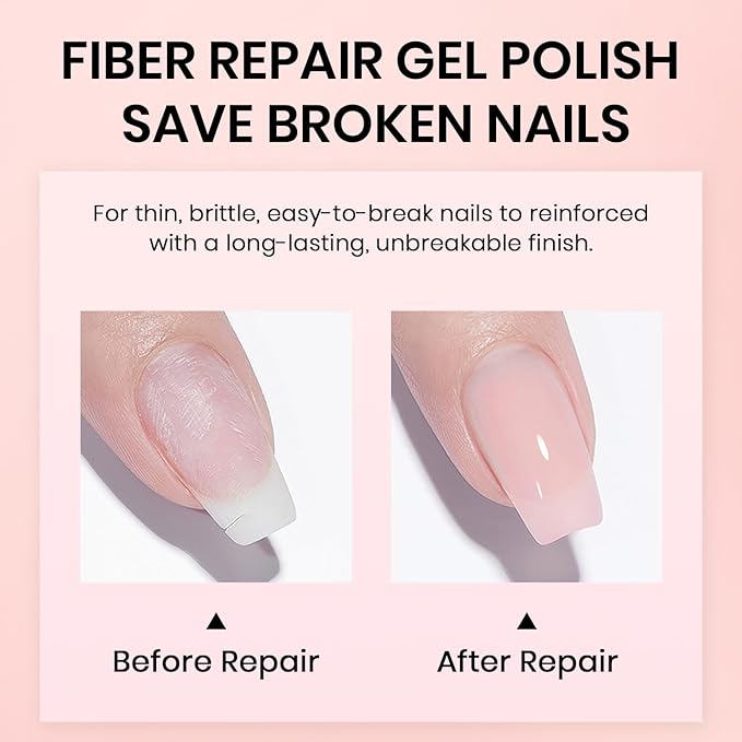 RARJSM Nude Soft Pink Fiber Glass Rubber Base Gel Nail Polish for Repair Broken Nails StrengthenerGel Base Coat Transparent Brush on Building Gel in a Bottle Soak Off UV LED Curing Requires 15ml