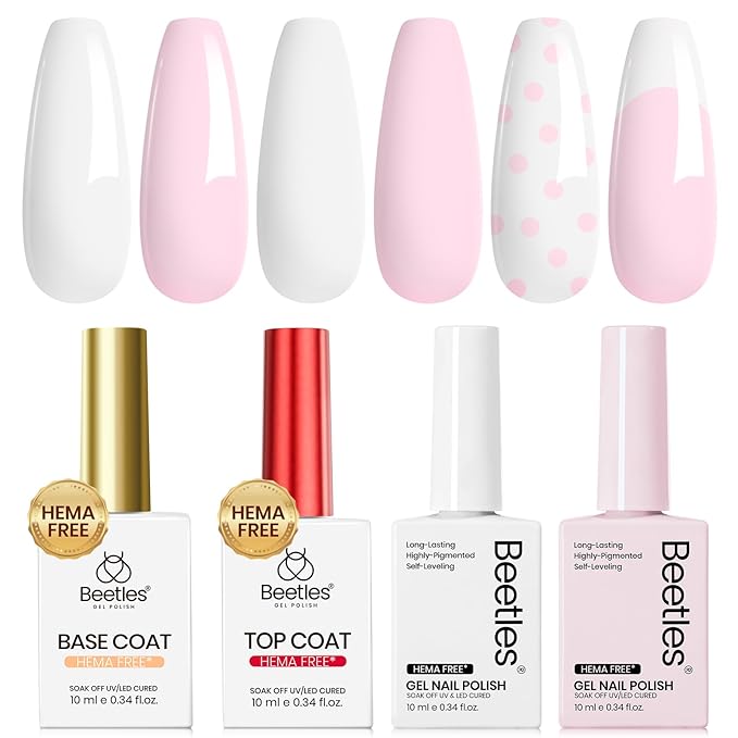 Beetles Pastel Gel Polish Set - Petal Ivory, 4Pcs White & Pink Gel Nail Polish with Base Coat Top Coat, Soak Off UV LED Lamp French Nails Art for Spring Nails Complete for Beginner & Professional