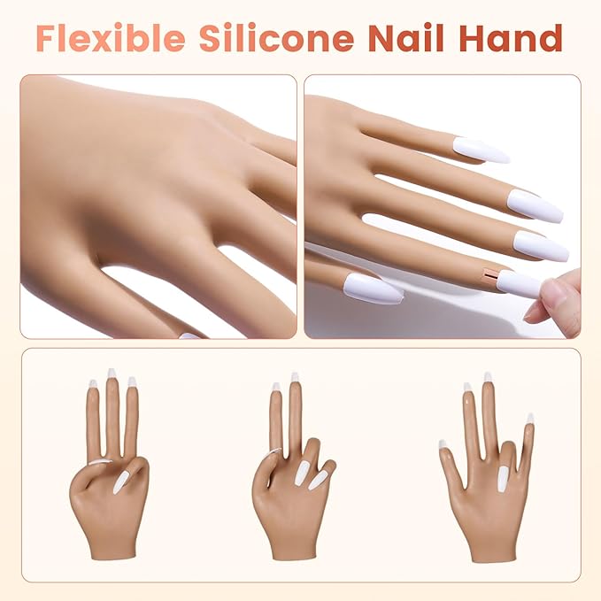 Practice Hand for Acrylic Nails Kit: Fake Silicone Hands Nail Mannequin Hand for Nail Extensions Caving - Flexible Manicure Hand Set for Beginner Salon Home