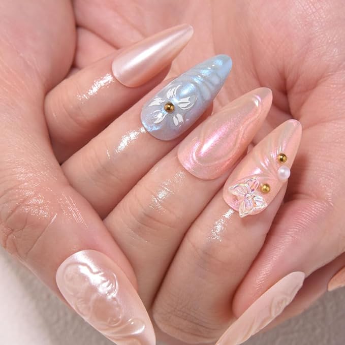 3D Press on Nails Medium Almond with Butterfly Floral Design, Nude Blue Neon French Nail Press ons Glossy Stick on Nails for Women Reusable with Kit, Stick on Cute Fake Nail with Designs Perfectly Fit
