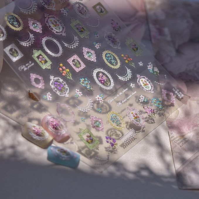 Vintage Flower Frame Nail Stickers 5D Embossed Floral Nail Designs 3D Self-Adhesive Daisy Nails Supplies Tulip Bouquet Nail Decals Summer Nail Art Decoration for Women Girls DIY Manicure 1 Sheet