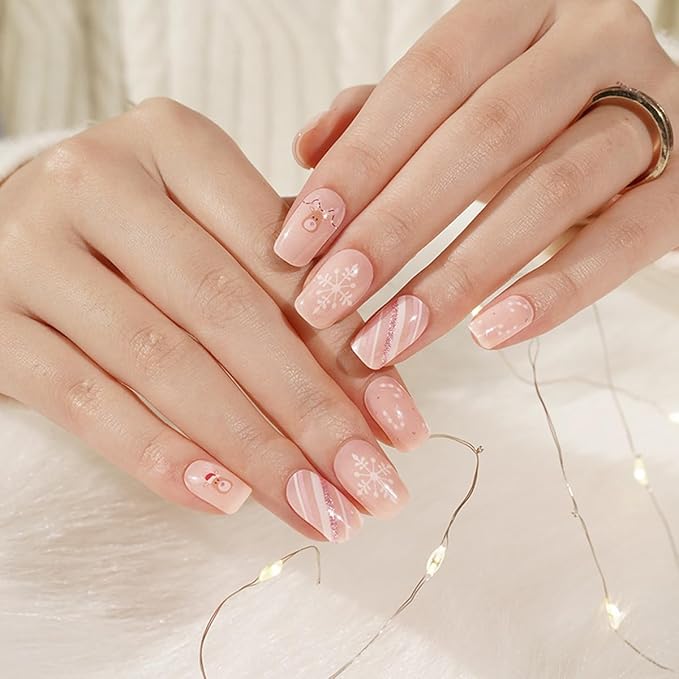 Christmas Semi Cured Gel Nail Strips - 20Pcs Pink UV Gel Nail Wraps with Snowflake & Candy & Elk Design, Long Lasting Salon-Quality Stickers, Includes Nails File & Wooden Stick - UV/LED Lamp Required
