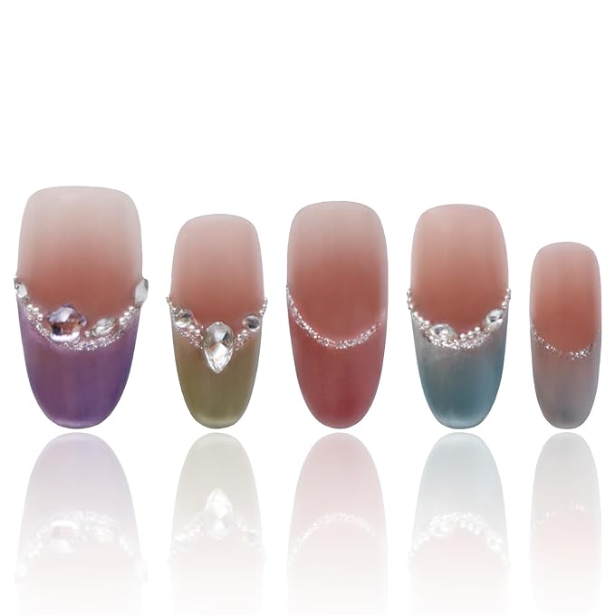Handmade Press On Nails Short Almond Reusable Press On Nails Women Gifts French Rainbow Nails COOLYOUNG Handmade Nails, 15 PCS, Size M