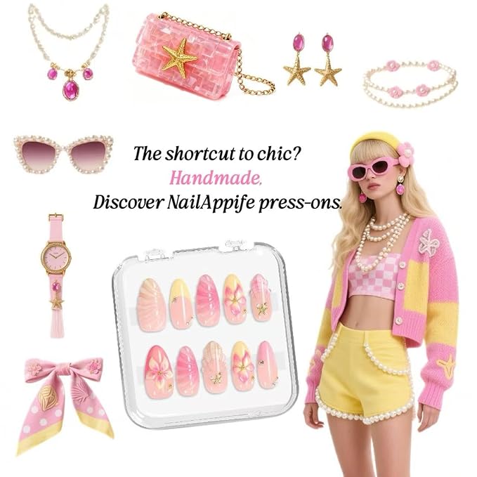Press On Nails Handmade Acrylic Sweet Pink 10pcs Set, Jelly French Floral Blooming Nail Design with 3D Shell Texture, Starfish Charms & Pearl Details, Birthday Vacation Holiday Tips - Appife