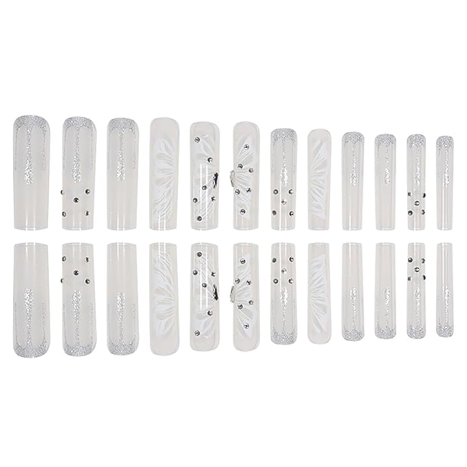 RTKHFZE Long Coffin Press on Nails Cute Acrylic Fake Nails Nude Glitter False Nails with Butterfly Pattern Designs Rhinestone Artificial Nails Full Cover Stick on Nail for Women 24Pcs