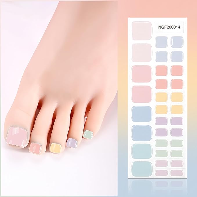 SILPECWEE Semi Cured Gel Nail Strips, Toenails Stickers Full Nail Wraps UV Light Required, Salon Quality, Easy to Apply & Remove, Toenail Strips for Women Girl (Candy-Colored Delight - 32PCS)