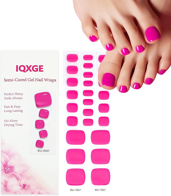 26 Pcs Semi Cured Gel Toe Nail Strips Hot Pink Gel Nail Stickers Full Cover Nails Wraps Self Adhesive Toe Nails Polish Strips Stickers for Women UV/LED Light Required