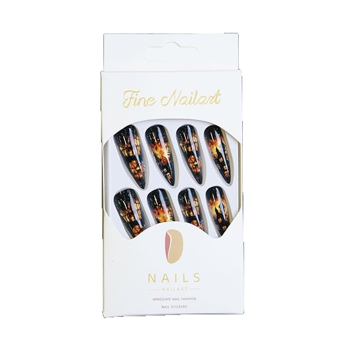 24 Pcs Halloween Long Stilettos Press on Nails, Full Cover Glossy Fake Nails, Flame & Ruined Castle Designs False Nails, Acrylic Stick on Nails for Women Nail Art
