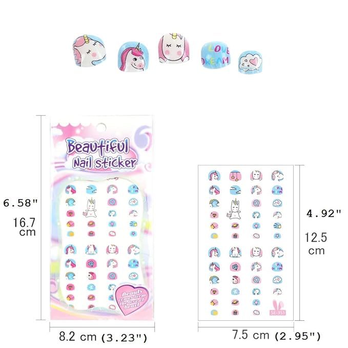 Unicorn 3D Nail Art Stickers Decals Self-Adhesive for Kids Little Girls, 270+ Cute Nail Tip Star Crown Princess Nail Manicure for Fingernails Toenails Birthday Party Supplies Gift Favors