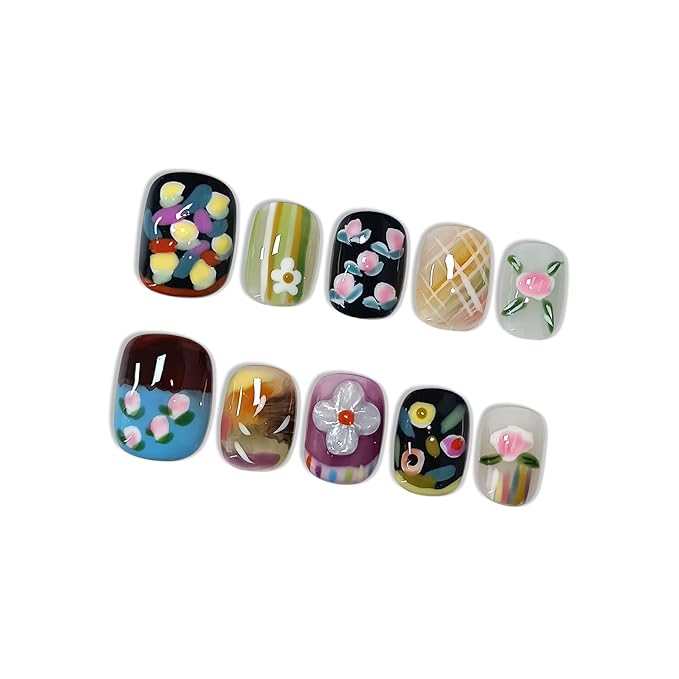 Colorful Hand-Painted Floral Press on Nails - Sweet Oil Painting Style Short Squoval Glossy Fake Nails, Reusable Elegant Vintage False Nails for Women Fall Winter Season Party, Size XS