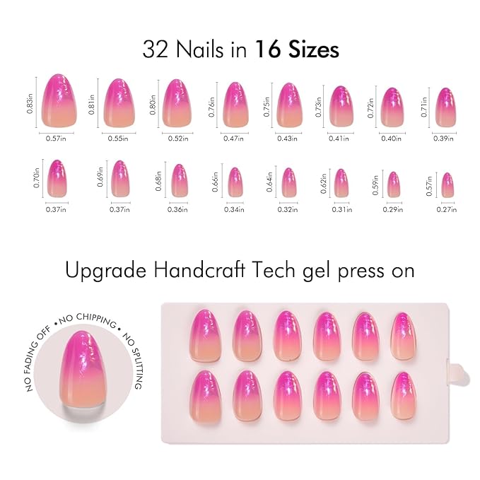 VSALON Almond Short Press On Nails, Hot Pink Aurora Ombre Light Curable Sheer Jelly Finish False Nails, Reusable Gel Glue on Nails Kit with Glue - 32 pcs in 16 Sizes
