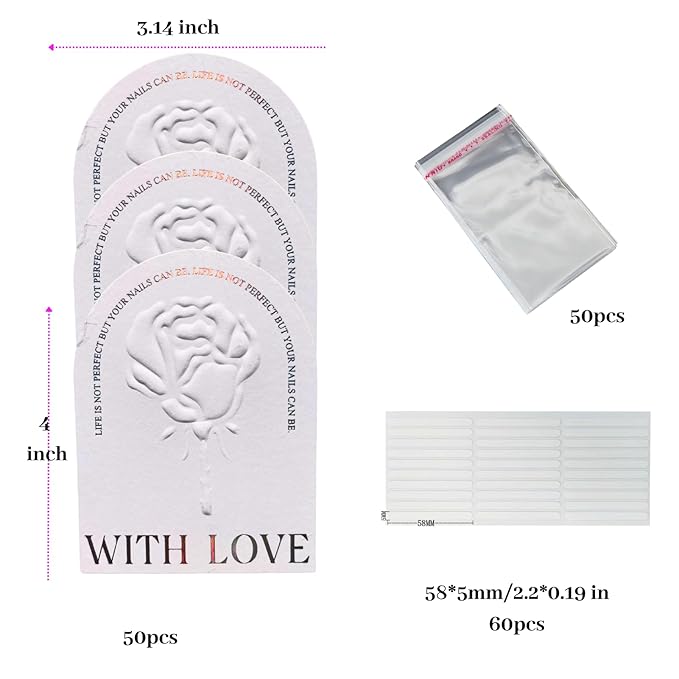 Press On Nails Packaging Kit Holographic Display Cards Storage Bag Nail Tech Must Haves Nail Artist Supply Essentials For Technicians Salon Studio Manicure Business (White, 3 * 4 in) 50 Set