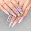 Artquee 24pcs French Nude White Ballerina Water Droplets Drill Flash Diamond Long Glossy Coffin Fake Nails Press on Nail False Tips Manicure for Women