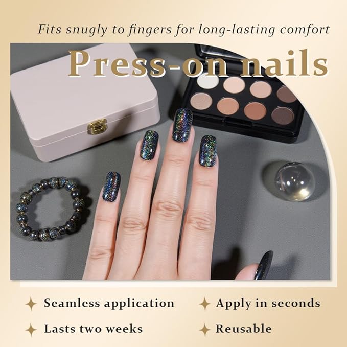 Cat Eye Black Rainbow Press On Nails Medium Square, Designer Reusable Acrylic Fake Nails with Glue, Glossy Soft Gel Nails Wedding and Party, Stick On Glue On Nails, Nails Press Ons for Women