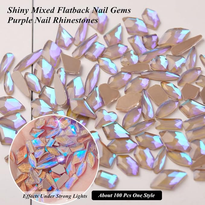 600 Pcs Flatback Rhinestones Set Aurora Crystals for Nails Gems for Crafts Mixed Shape Colored Nail Rhinestones Nail Stones 3D Nail Charms for Nail Designs (Colorful)