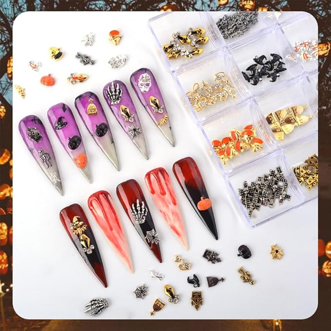 Halloween Nail Charms - 24 Styles/Box Metallic Nail Studs & Rhinestones DIY Decorations