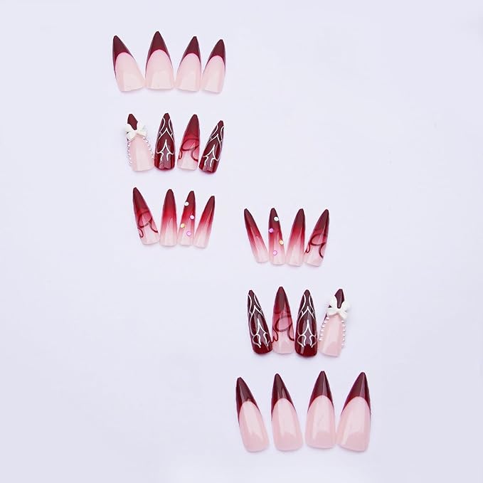 MISUD Press on Nails - Long Stiletto Fake Nails with Burgundy French Tip, Acrylic Heart Pearl Design 24 pcs