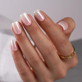 Press On Nails Short - Findigit Pink Glossy Press On Nail Ons Square, Chrome Glazed Glue On False Nails, Stick On Nails in 16 Sizes - 32 Soft Gel Fake Nail Kit, Pink Ombre Glazed