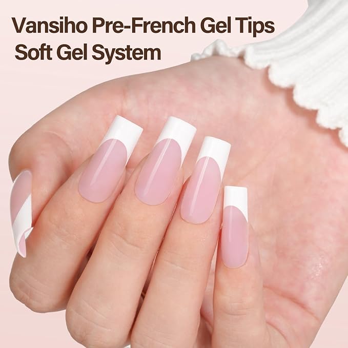 Vansiho French Tip Press on Nails, 150Pcs Long Square Pink Gel Nail Tips, Square 3 in 1 Pre-French Gel Tips, Fake Nails for Nail Art DIY 15 Sizes